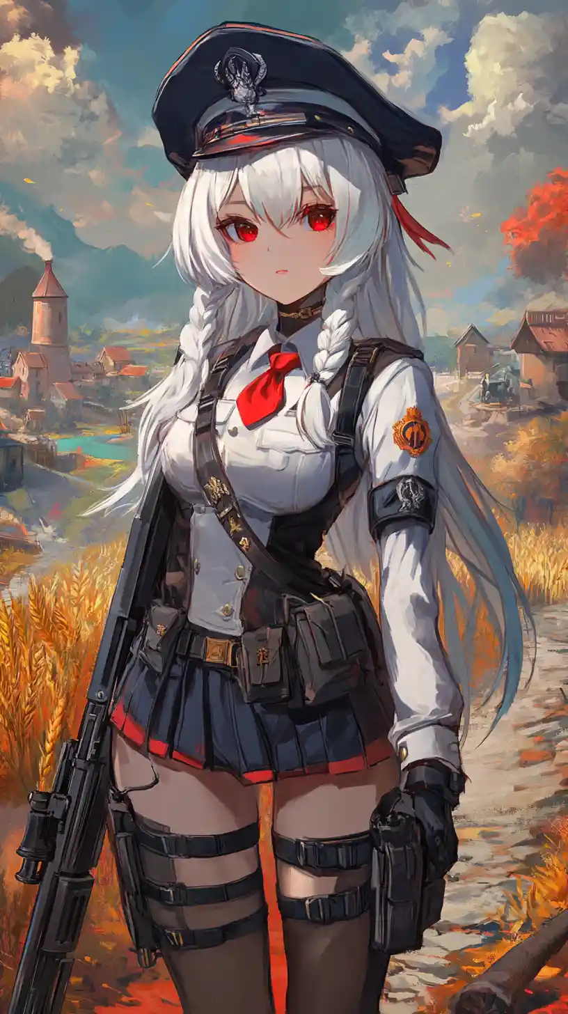 Anime girl soldier with white braids in uniform