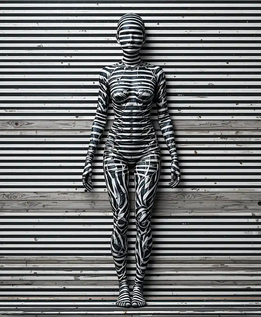 Figura femenina a rayas disolviéndose en líneas abstractas en blanco y negro