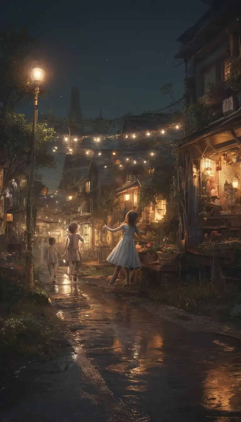 Toddlers Dancing At A Night Crossroad With Sparkling Star Basket