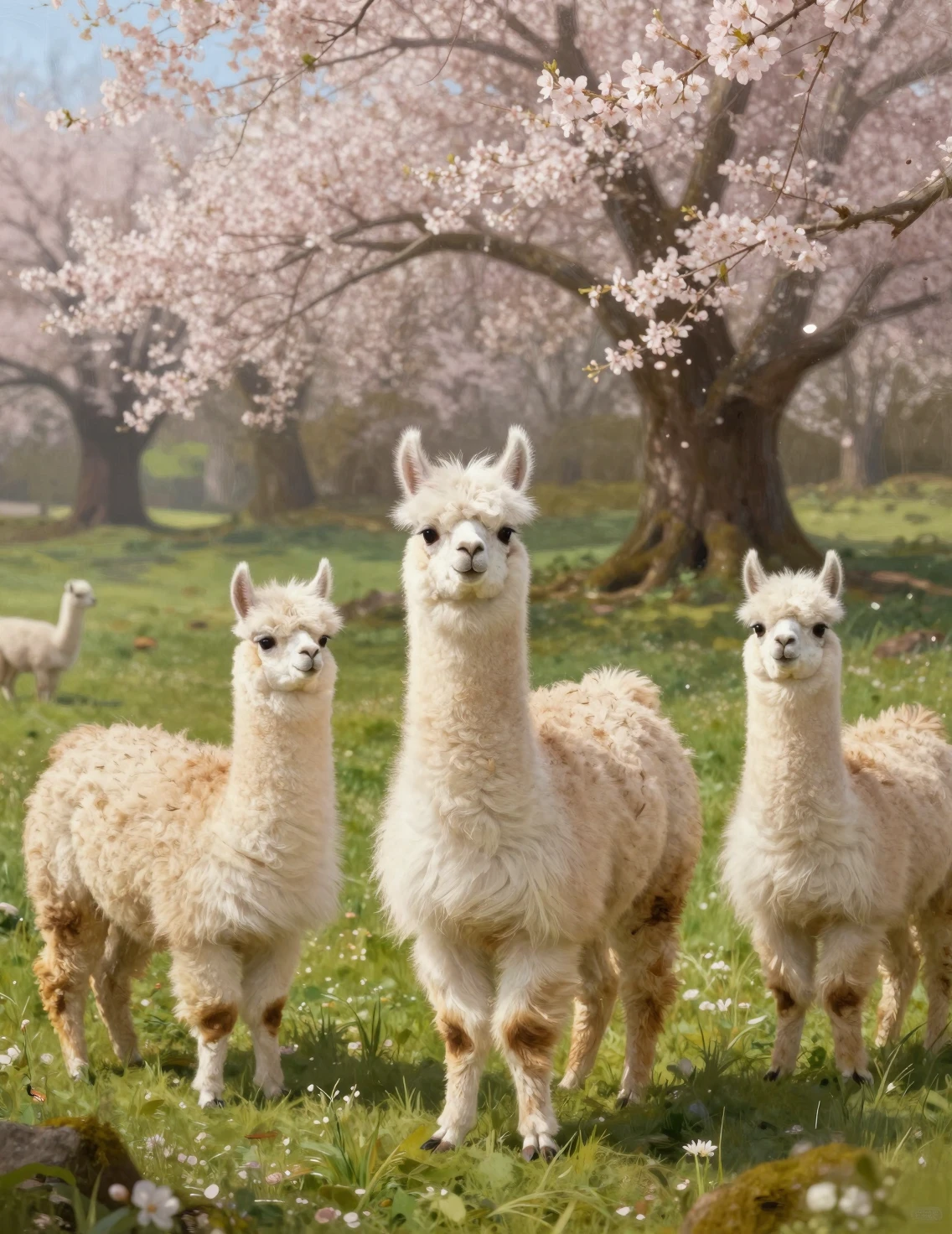 Ovejas impresionistas en un tranquilo prado a inicios de primavera