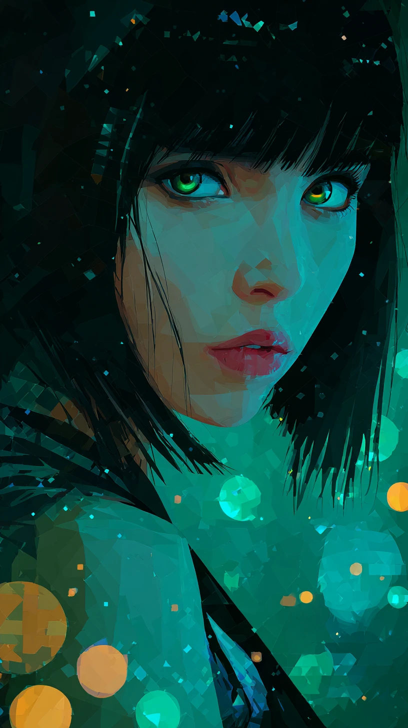 Chica anime con ojos verdes brillantes en luz abstracta