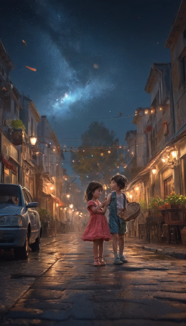 夜の交差点で喜びに満ちて踊る幼児たち