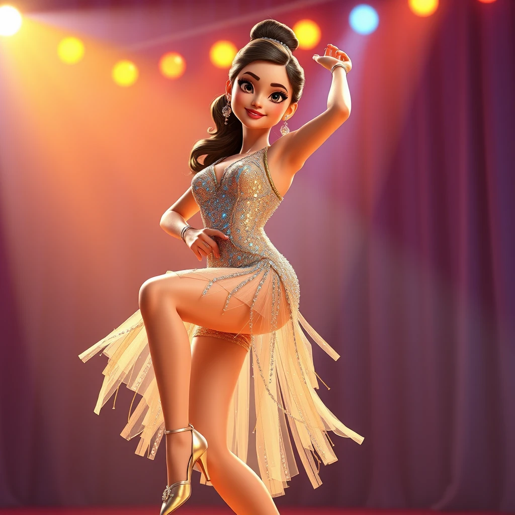 Bailarina glamurosa posando con un brillante vestuario en el escenario