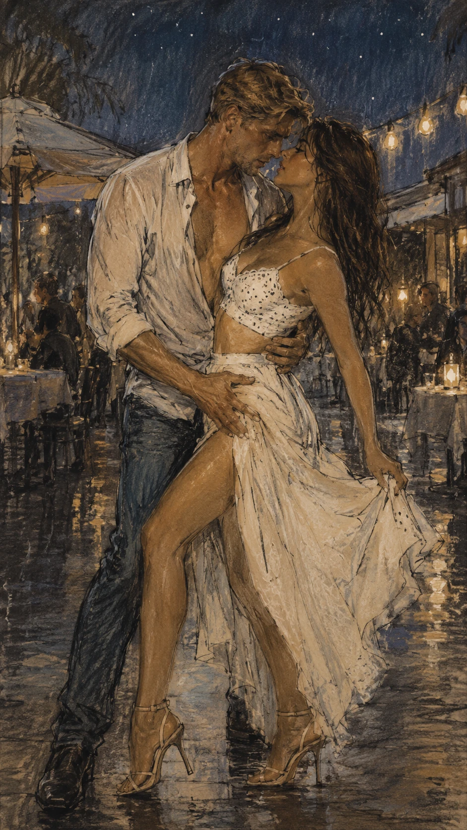 Pareja bailando en una noche lluviosa bajo las luces brillantes de la ciudad