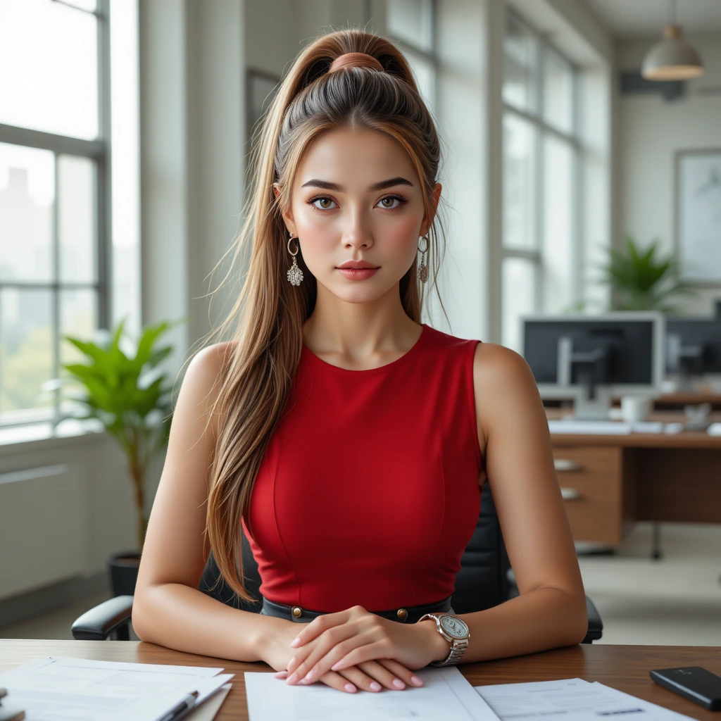 Confident businesswoman at desk in modern bright office