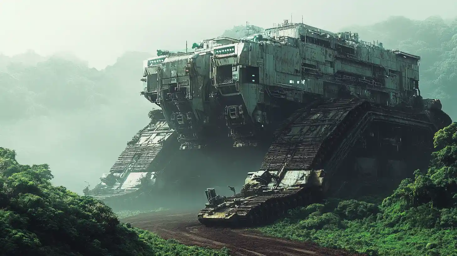 Gigantic Futuristic Mining Rig Crossing Lush Alien Jungle