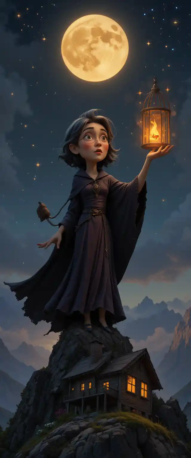 Evil witch on a mountain stealing the moon and sun