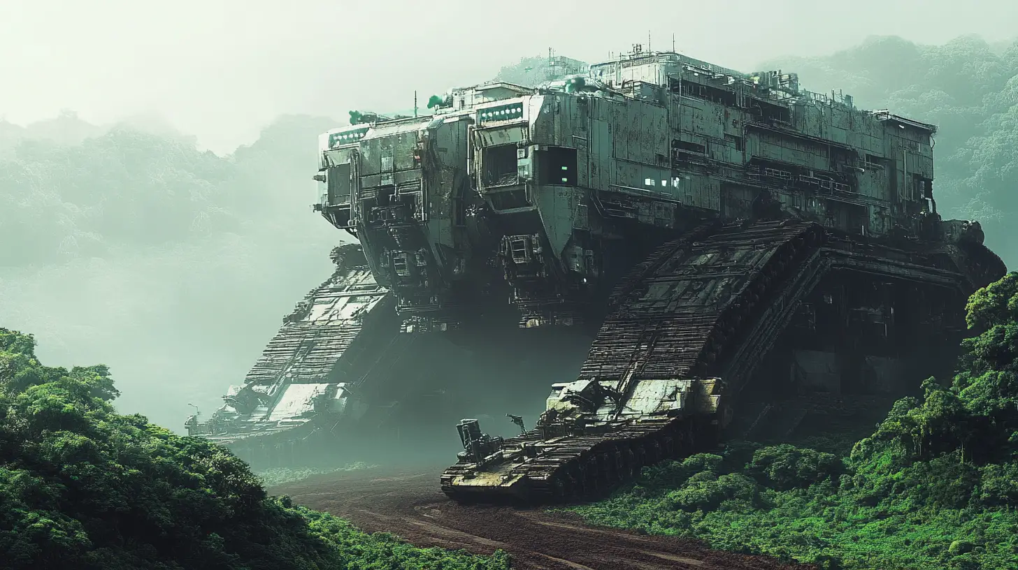Gigantic Futuristic Mining Rig Crossing Lush Alien Jungle