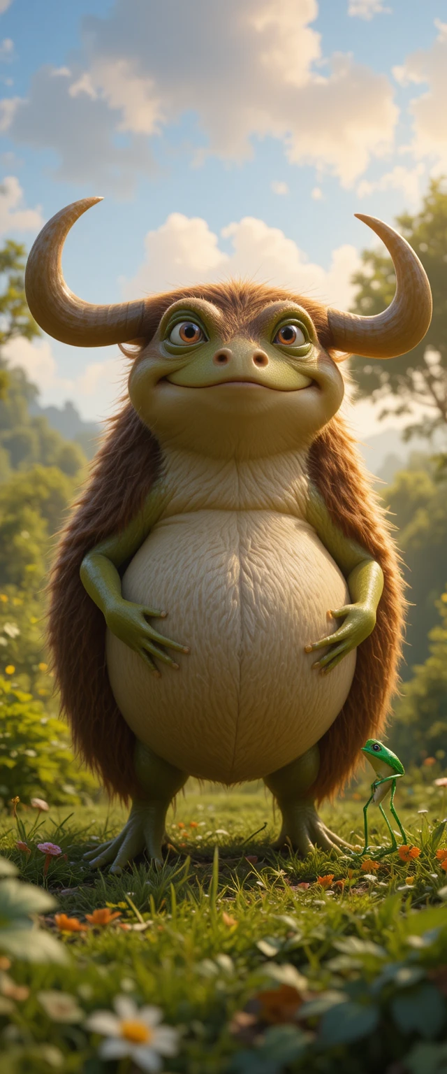 Rana al estilo Pixar inflándose junto a un buey tranquilo en el prado