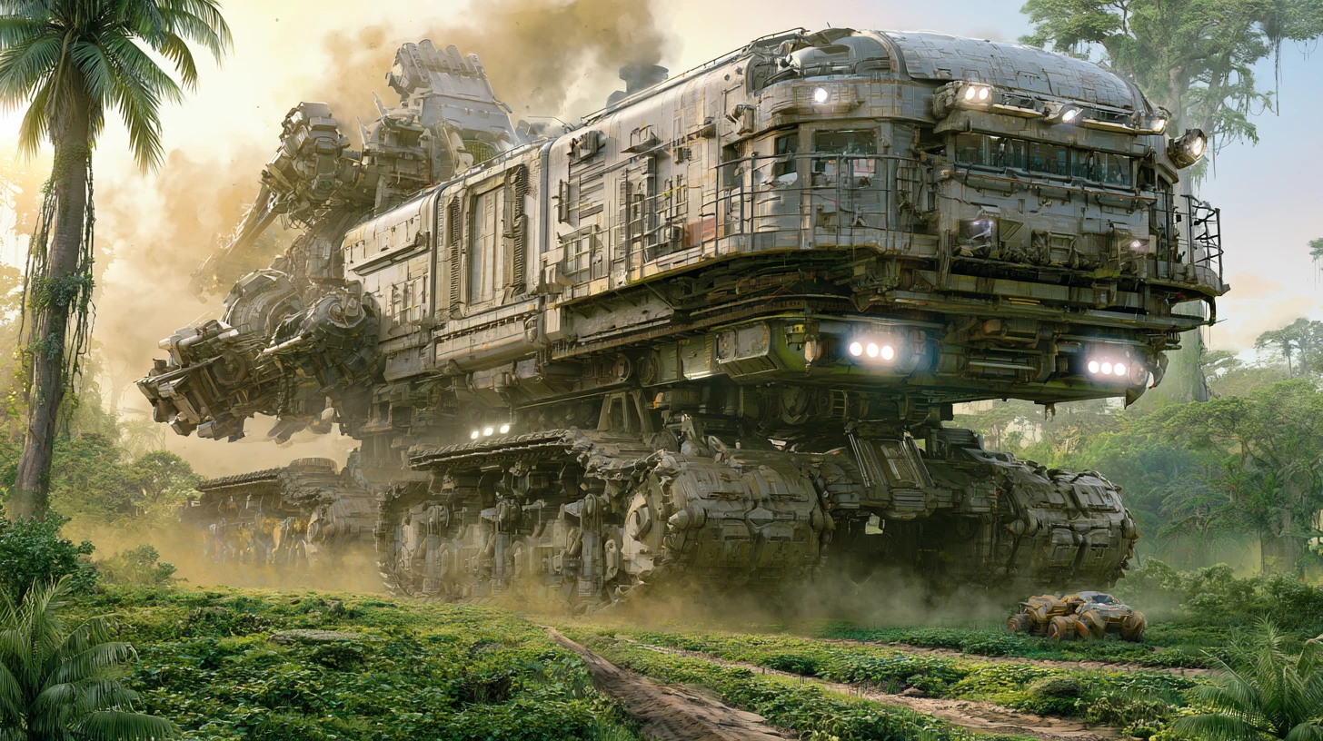 Gigantic futuristic mining rig crossing a lush alien jungle