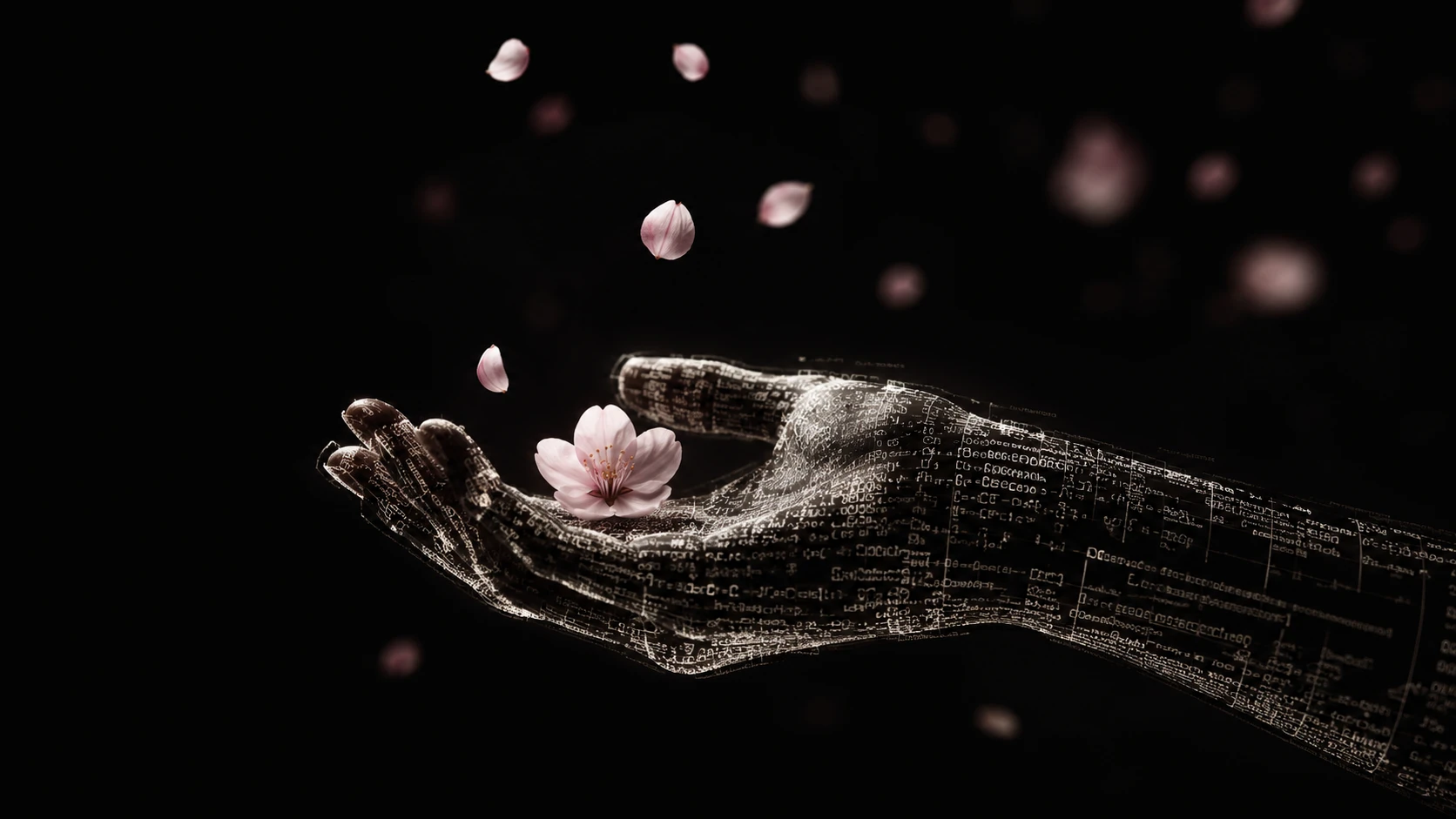 Mano d’acqua che cattura fiori di ciliegio cadenti su sfondo nero