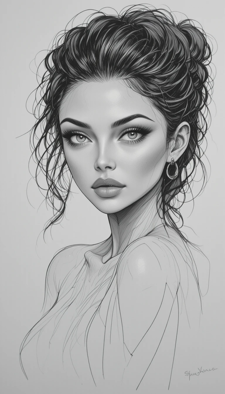 Croquis détaillé au crayon noir et blanc aux contours nets