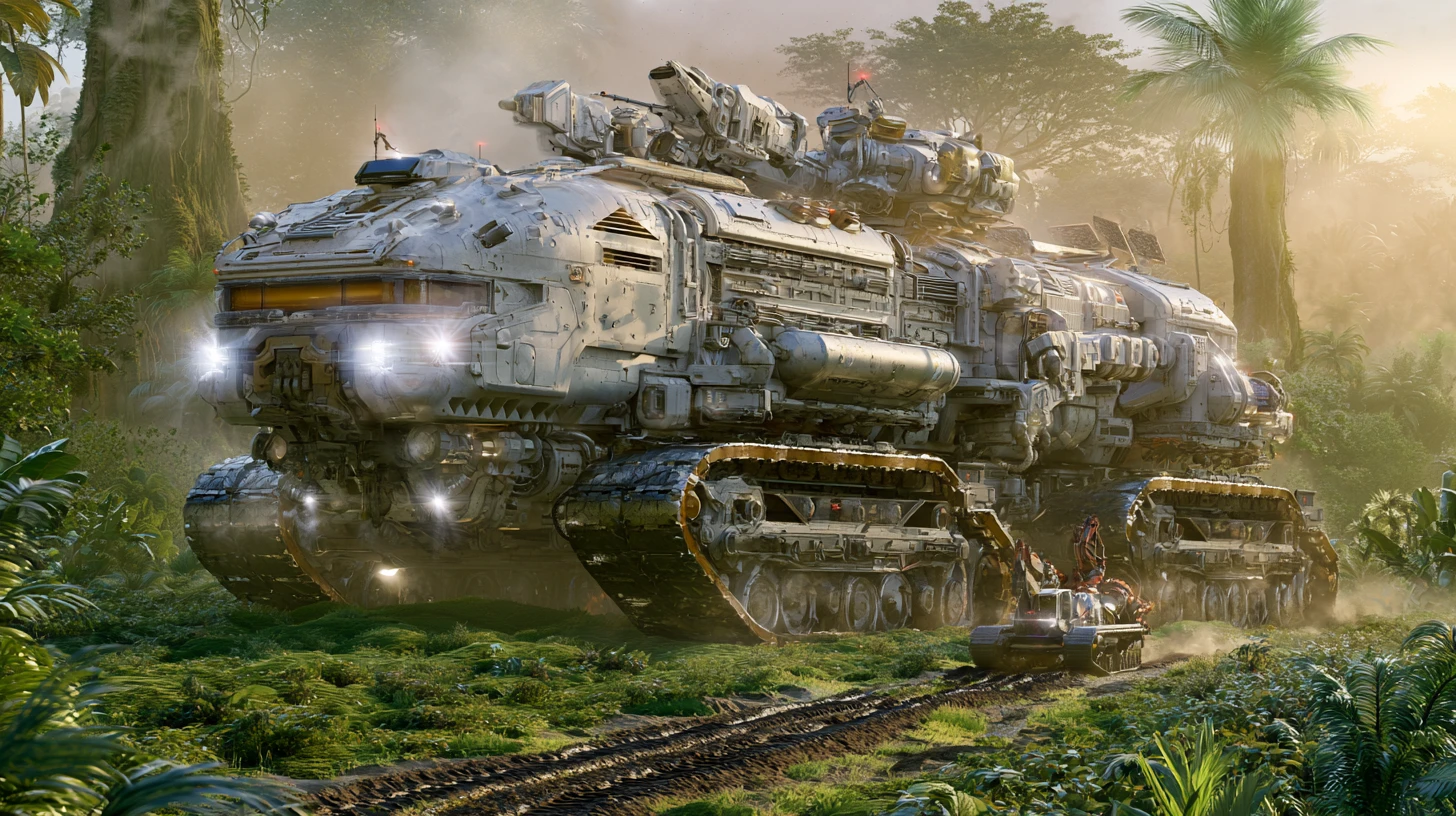 Gigantic sci fi mining rig crossing a lush alien jungle