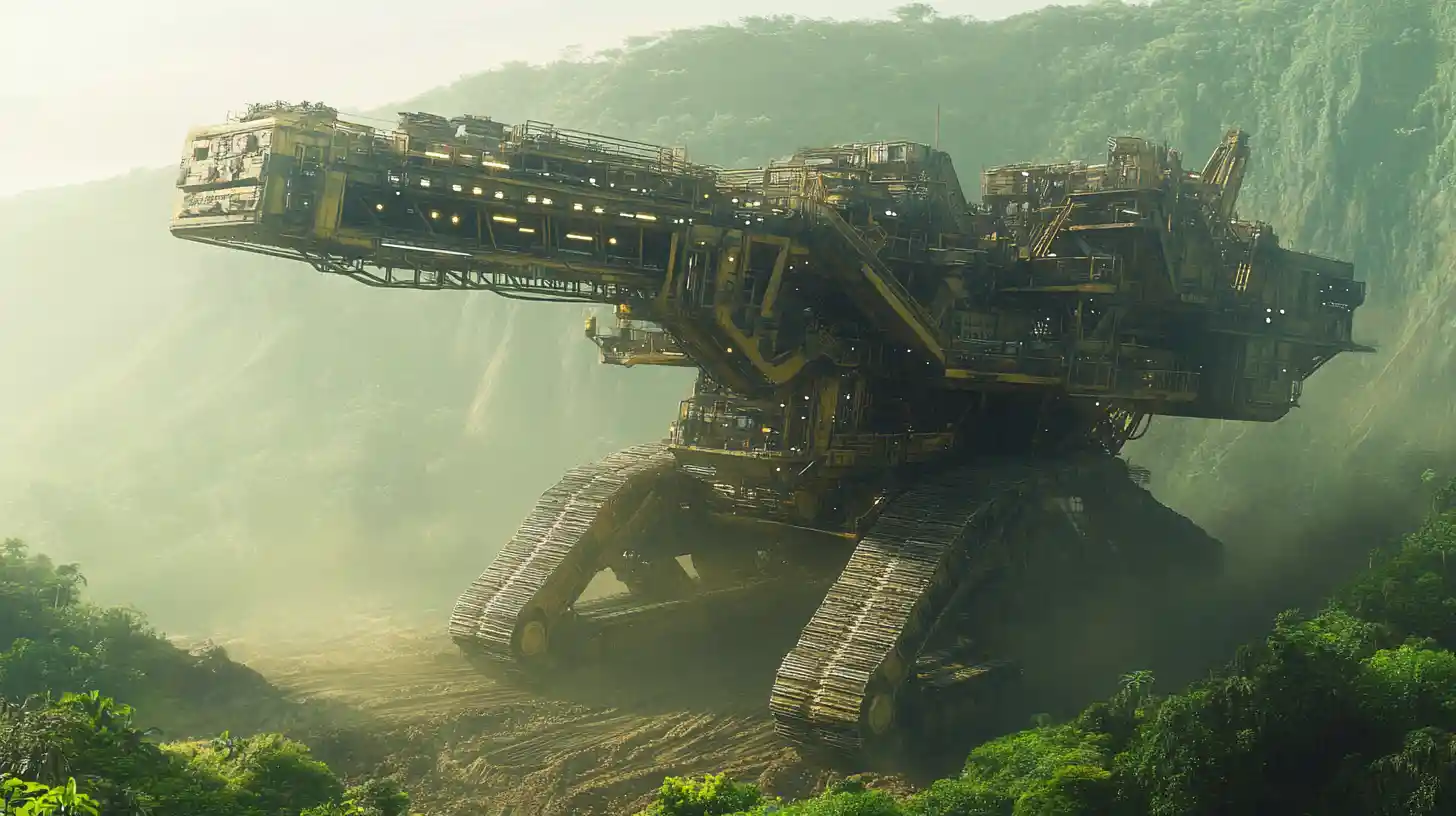 Gigantic Futuristic Mining Rig Crossing A Lush Jungle World