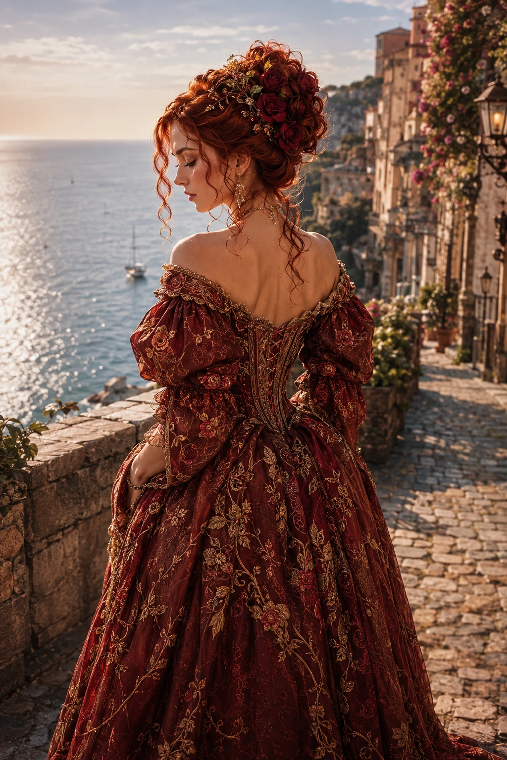 Mujer con vestido barroco contemplando el océano distante