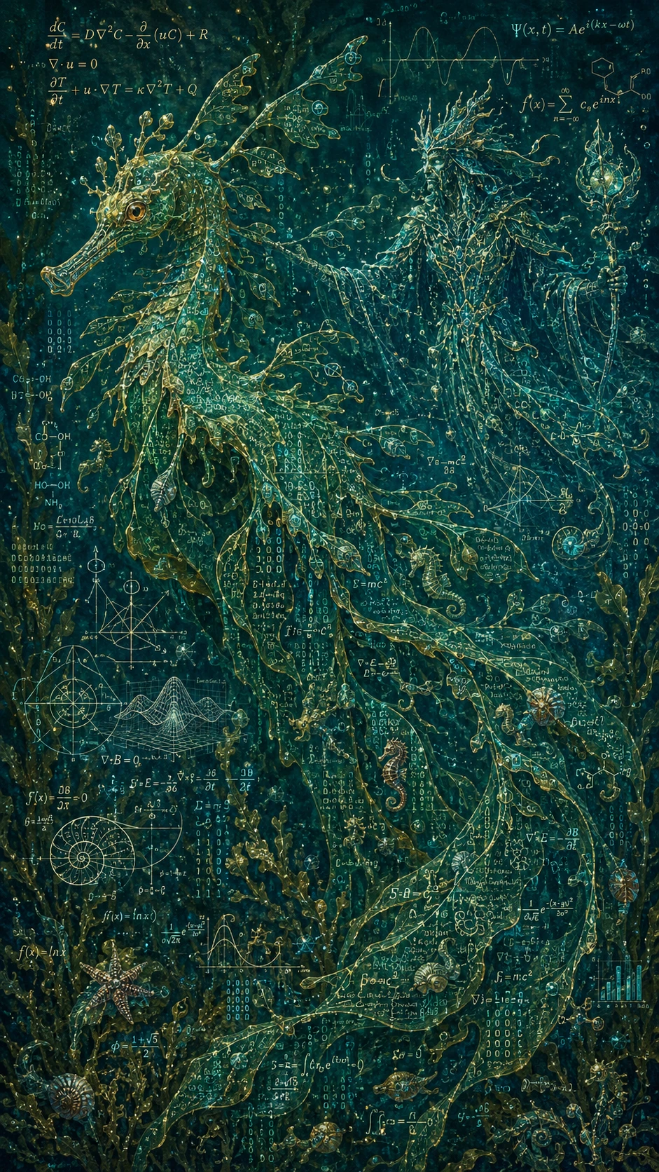 Dragón marino foliáceo hecho de fórmulas y datos fluidos