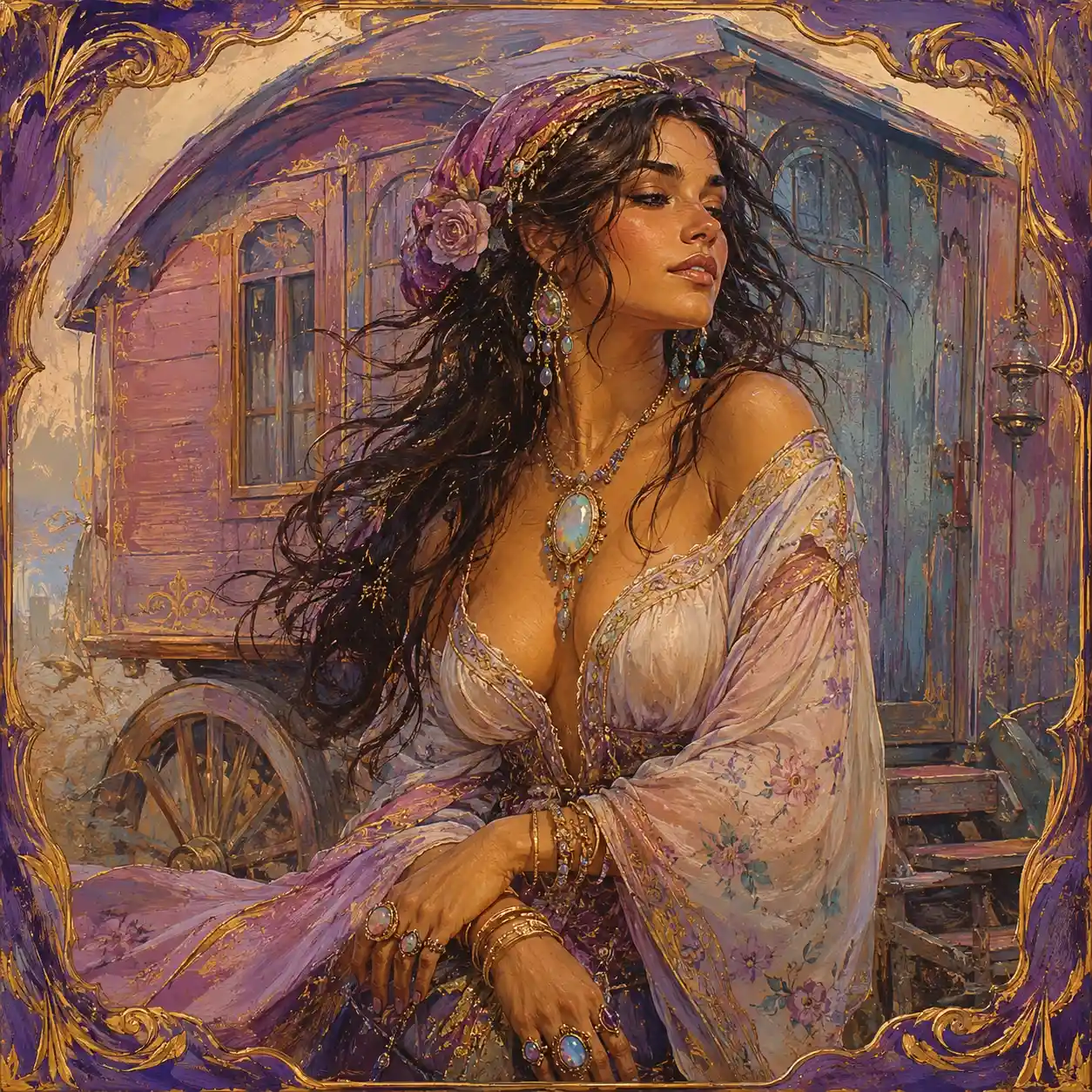Hechicera gitana con vestido fluido en tonos pastel junto a una carreta gitana