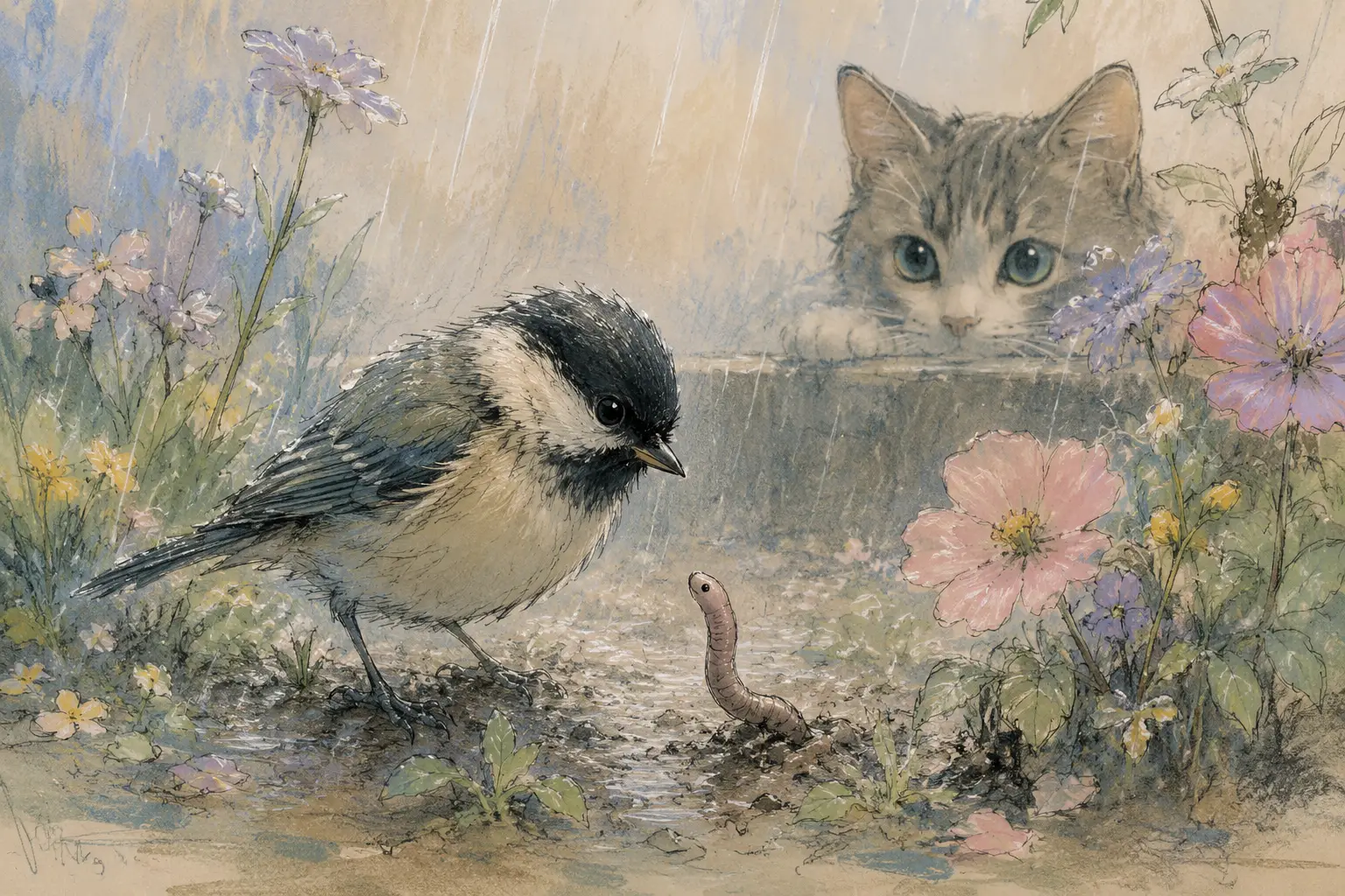 やさしい雨の朝に出会う鳥とミミズと猫