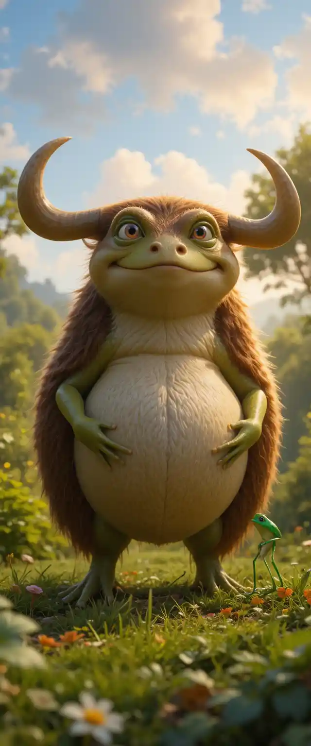 Pixar style frog inflating beside a calm ox in meadow