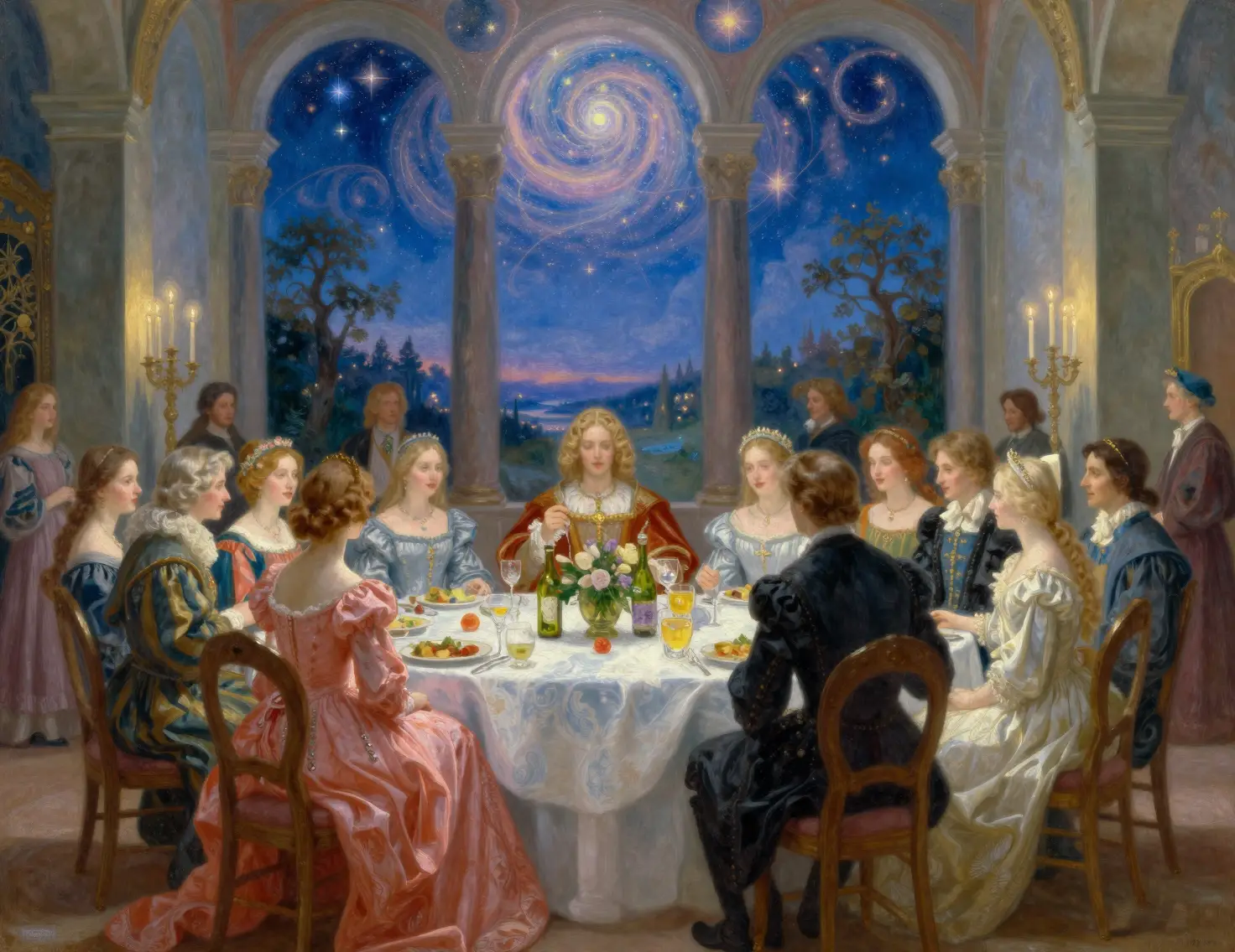 Impressionist banquet of regal figures at a candlelit feast