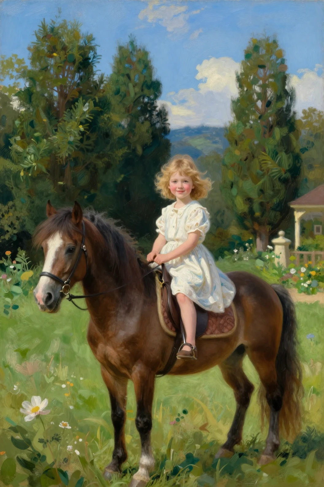 Retrato impresionista de una niña montando un pony en la naturaleza