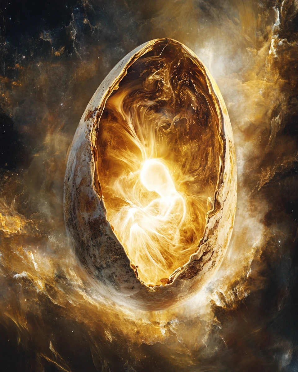 Fragile human form emerging from a glowing cosmic egg