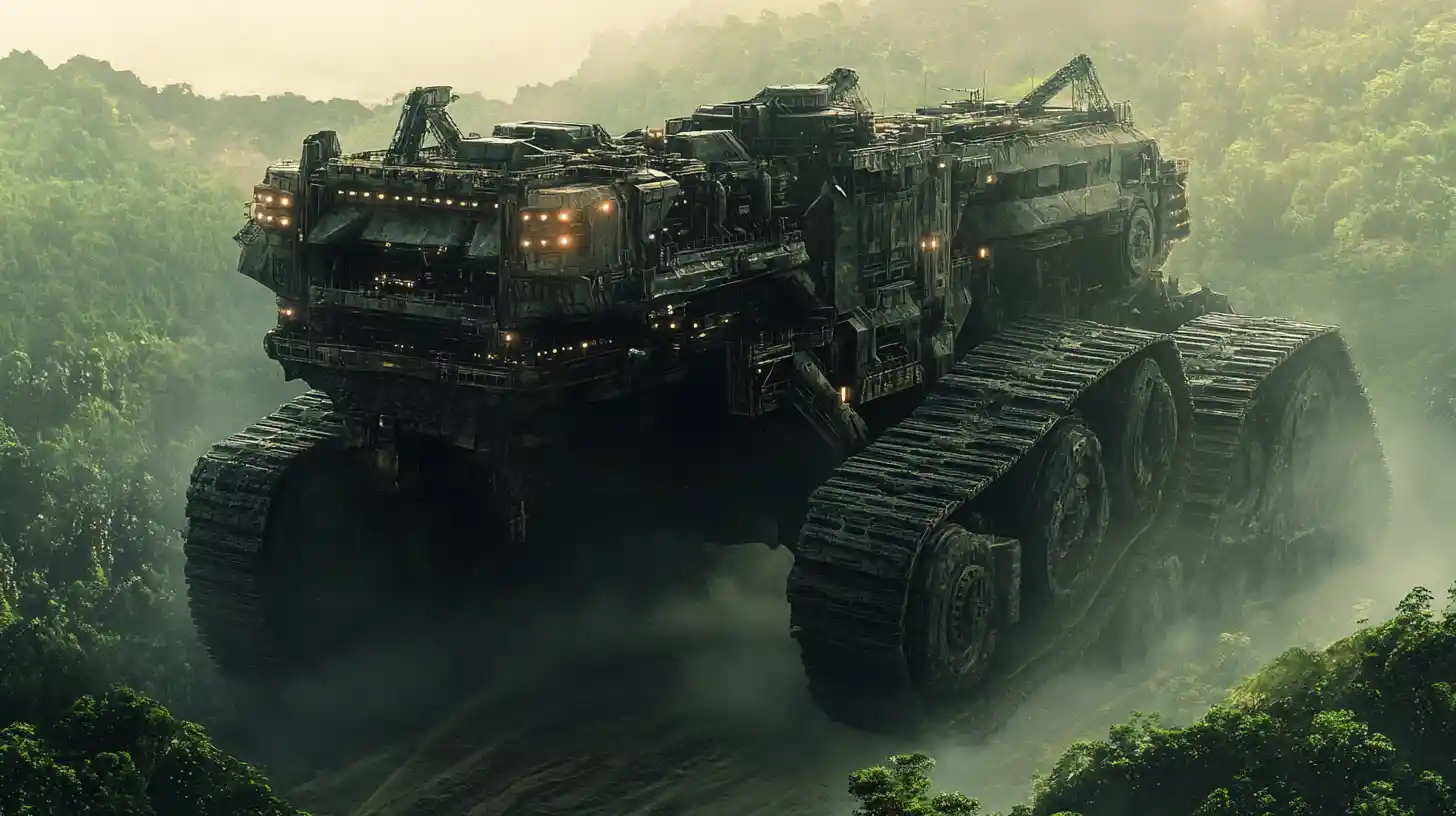 Gigantic Futuristic Mining Rig Crossing Lush Alien Jungle