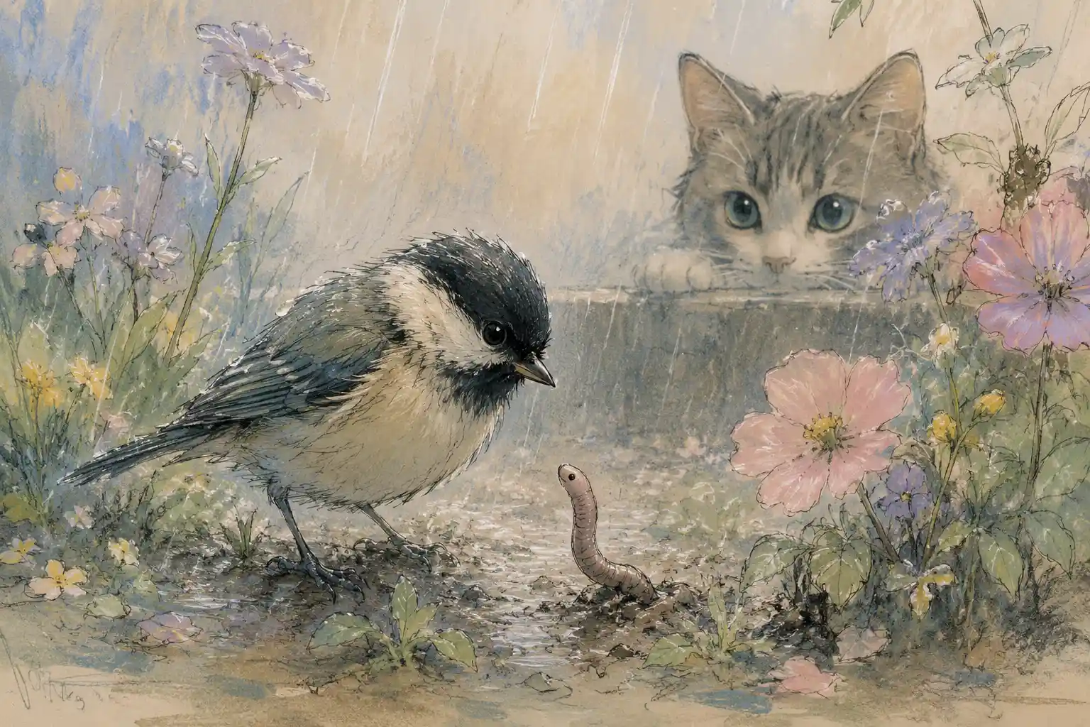Zarte Begegnung von Vogel, Wurm und Katze an einem regnerischen Morgen