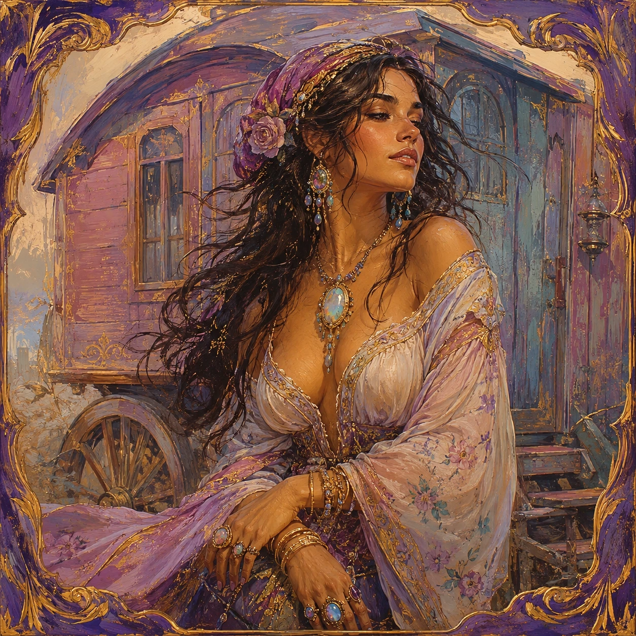 Hechicera gitana con vestido fluido en tonos pastel junto a una carreta gitana