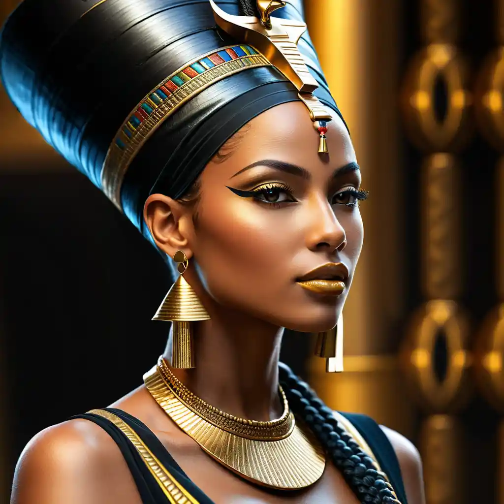 Regal African woman in black and gold pharaoh headdress