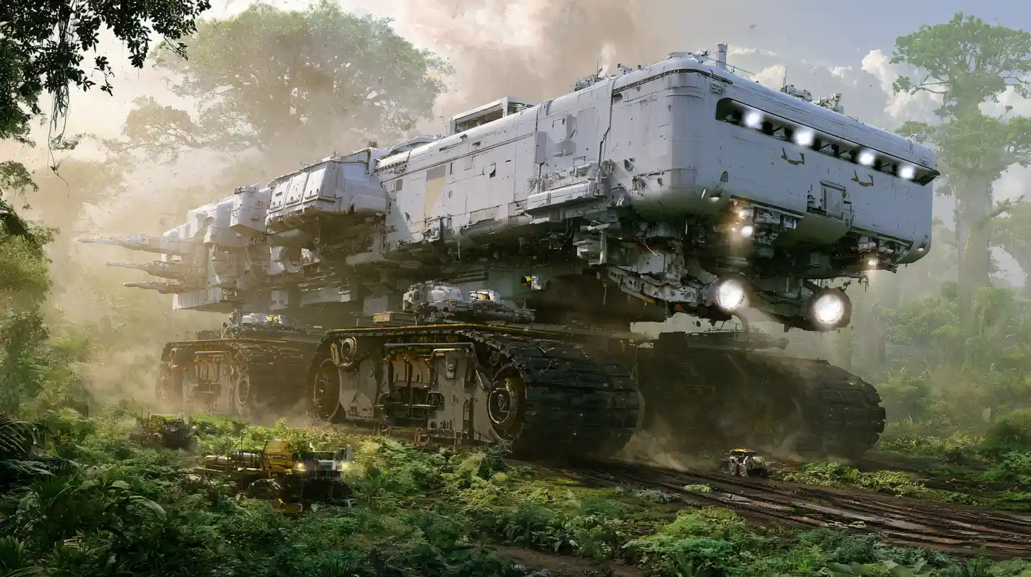 Gigantic futuristic mining rig crossing a lush alien jungle