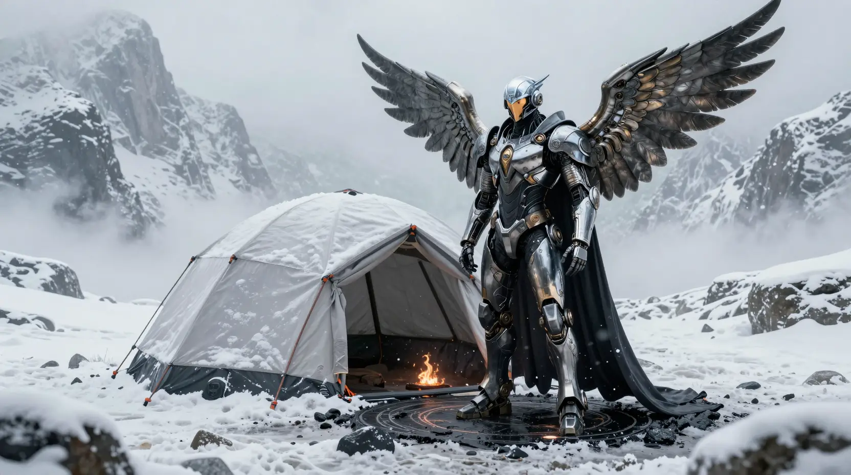Futuristic armored warrior on a snowy mountain peak