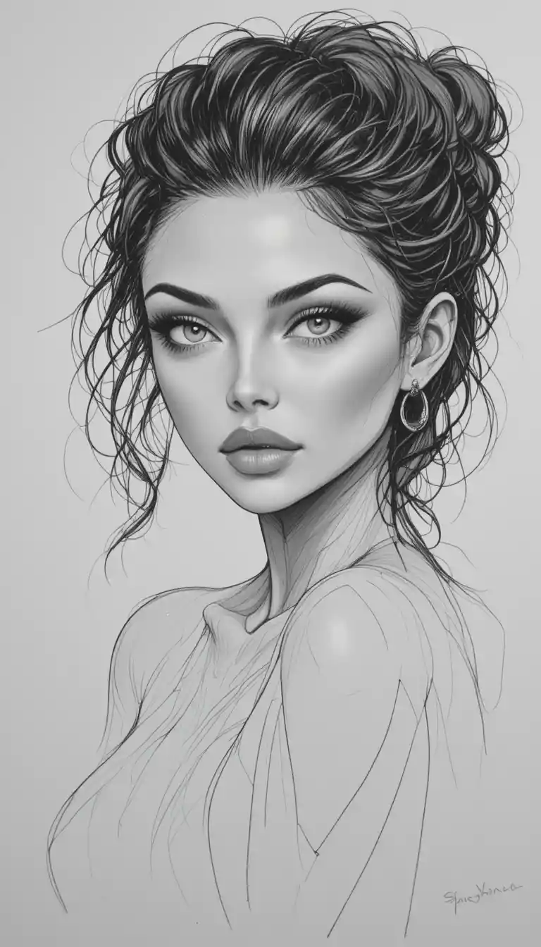 Boceto detallado a lápiz en blanco y negro con contornos limpios