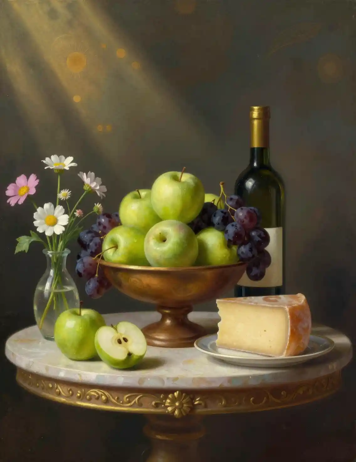 Impressionist still life with fruit wine and wildflowers