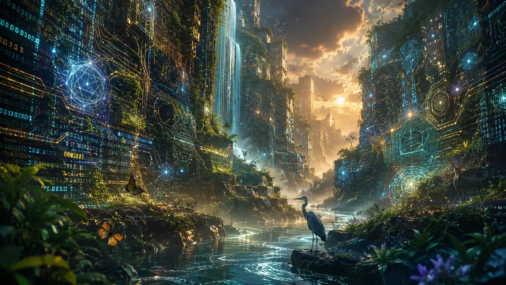 Cañón digital cinematográfico de datos fluidos y enredaderas vivas