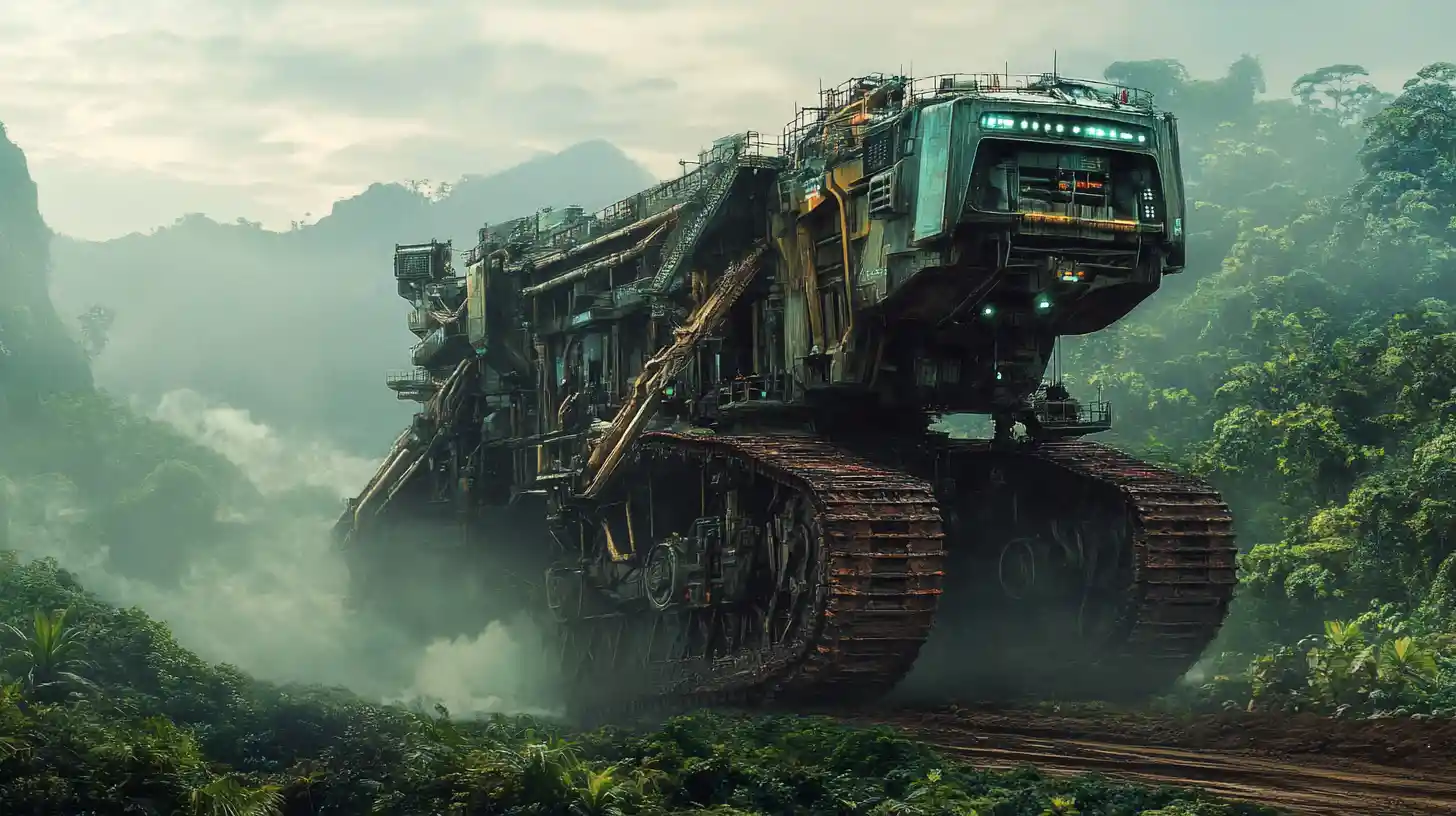 Colossal Futuristic Mining Rig Crossing Verdant Jungle World
