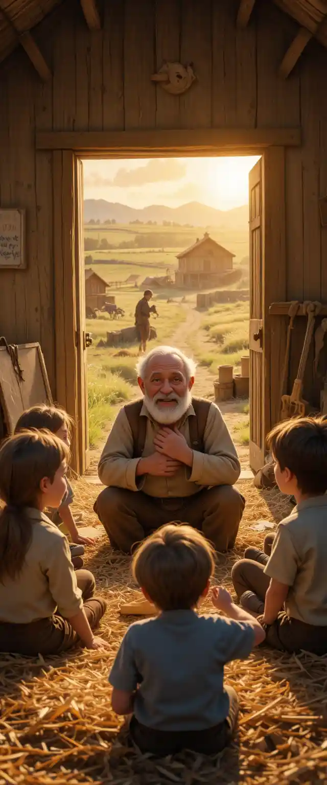 Padre granjero al estilo Pixar enseñando a sus tres hijos