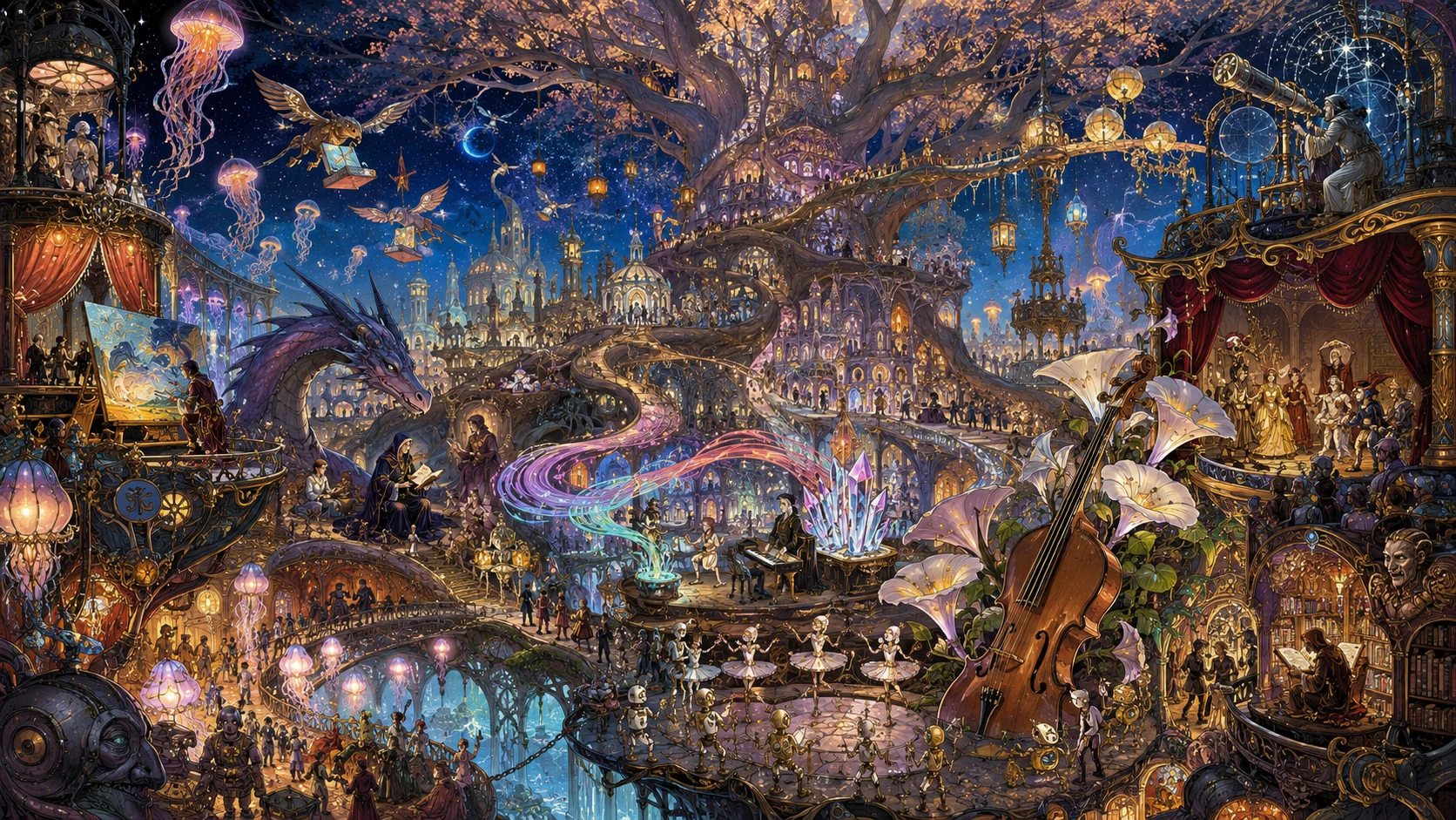 Gewaltiges Fantasy-Festival in einer Stadt auf einem kosmischen Baum