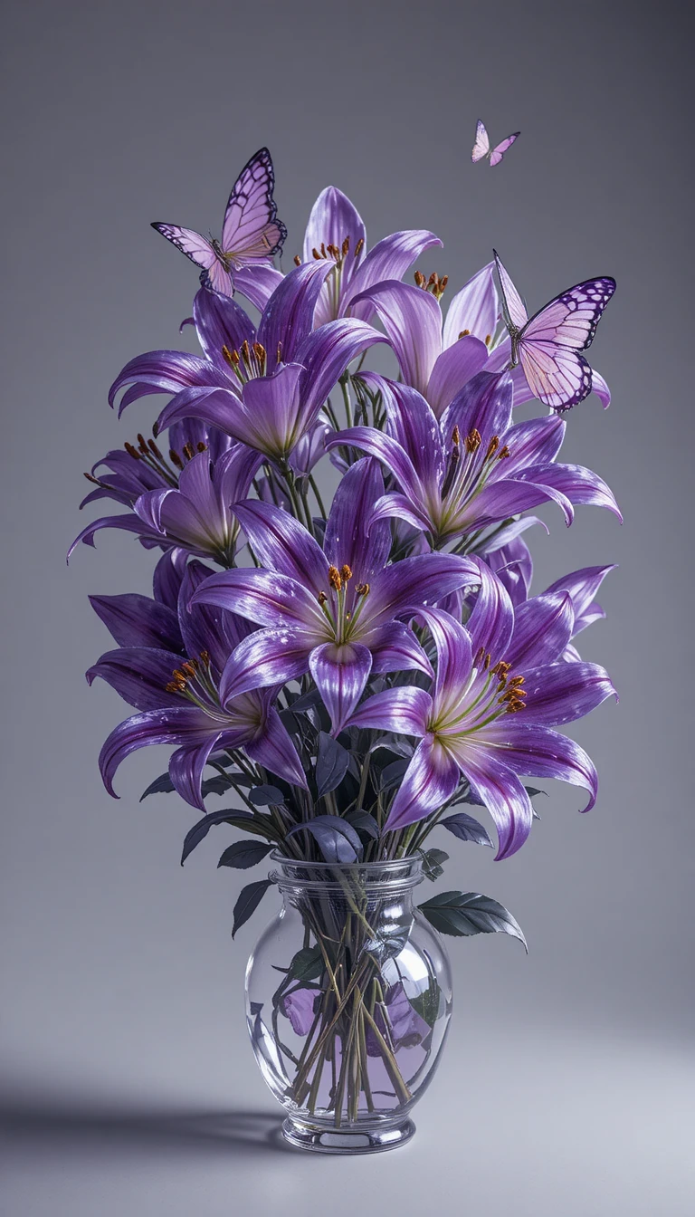 Ramo de Lirios de Amatista con Facetas Brillantes y Mariposas