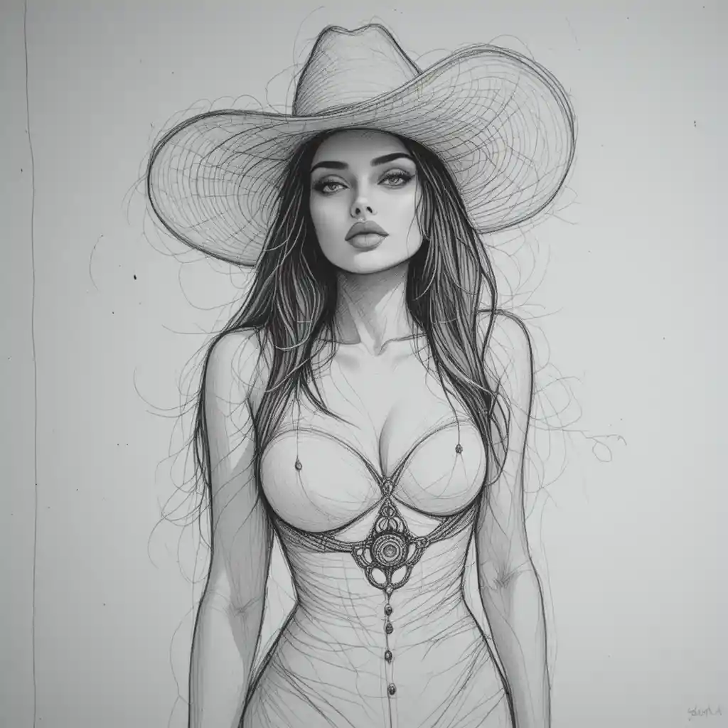 Retrato de cowgirl en detallado dibujo a lápiz en blanco y negro