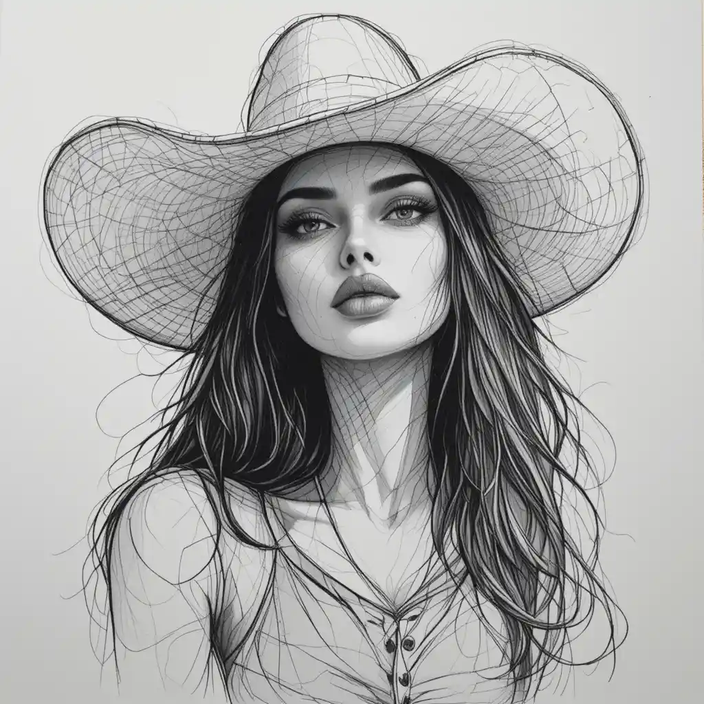 Cowgirl rendered as a clean black and white pencil sketch