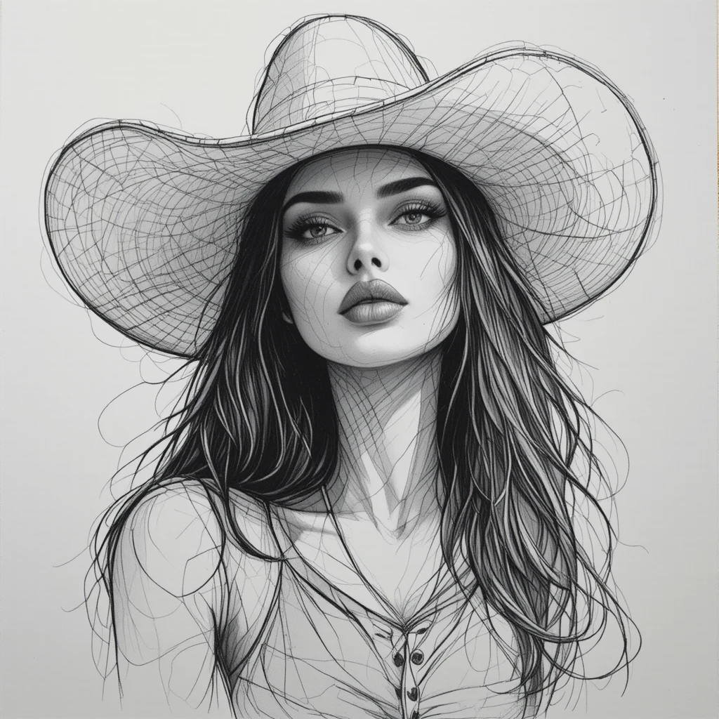 Cowgirl rendered as a clean black and white pencil sketch