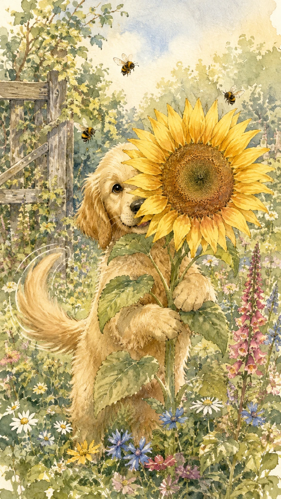 Cachorro golden retriever juguetón asomándose detrás de un girasol gigante