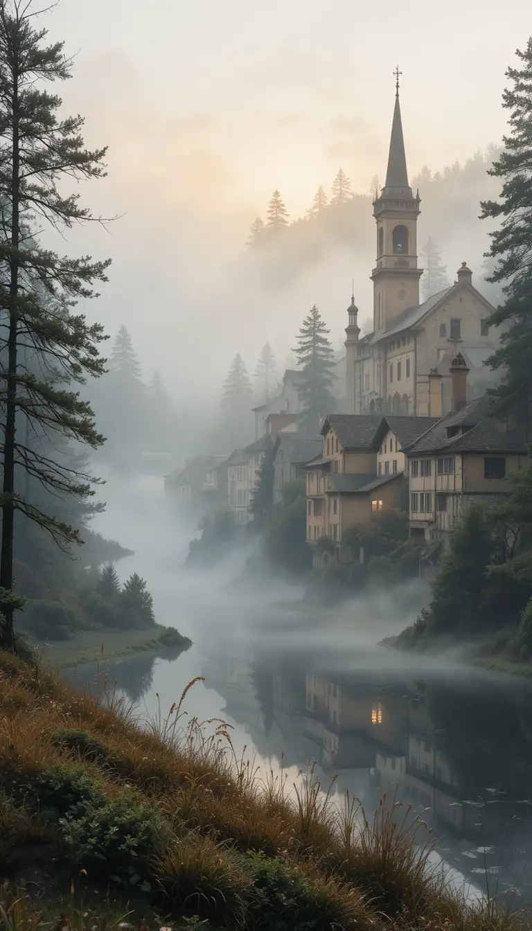 Amanecer etéreo en acuarela sobre casas antiguas entre la niebla