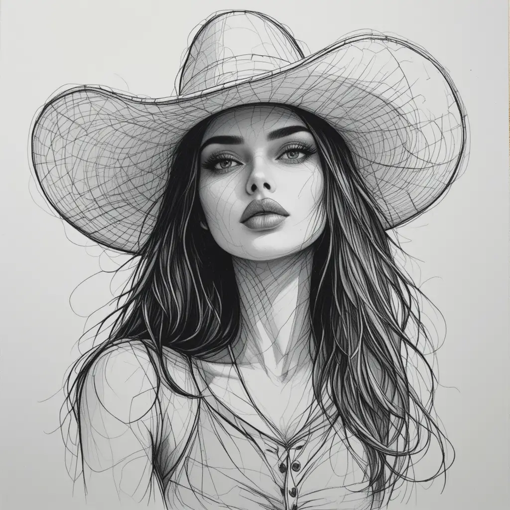Cowgirl rendered as a clean black and white pencil sketch