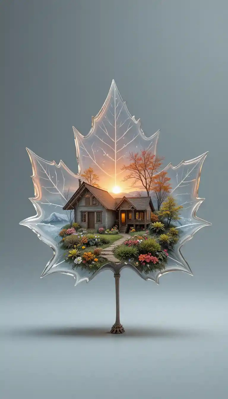 Paisaje en miniatura con gato durmiendo al atardecer en hoja de vidrio