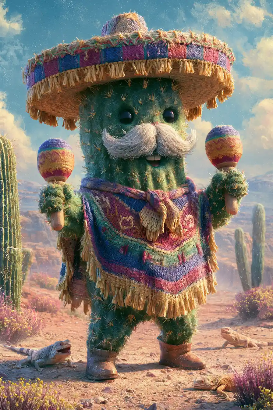 灼熱の砂漠の太陽の下で踊るソンブレロ姿のメキシコサボテン