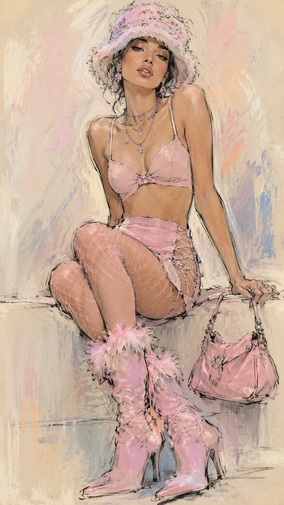 Ilustración de moda con sombrero bucket de pelo rosa y falda de malla
