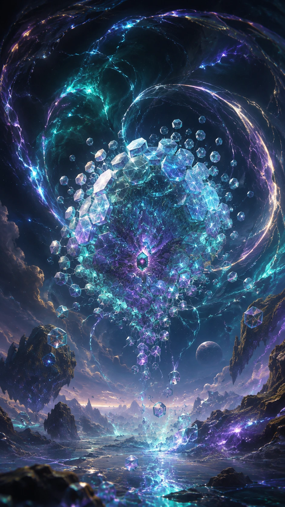 Colonia alienígena hexagonal bioluminiscente que deriva por el espacio