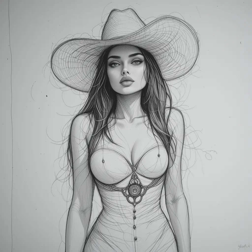 Cowgirl in detailed black and white pencil sketch portrait